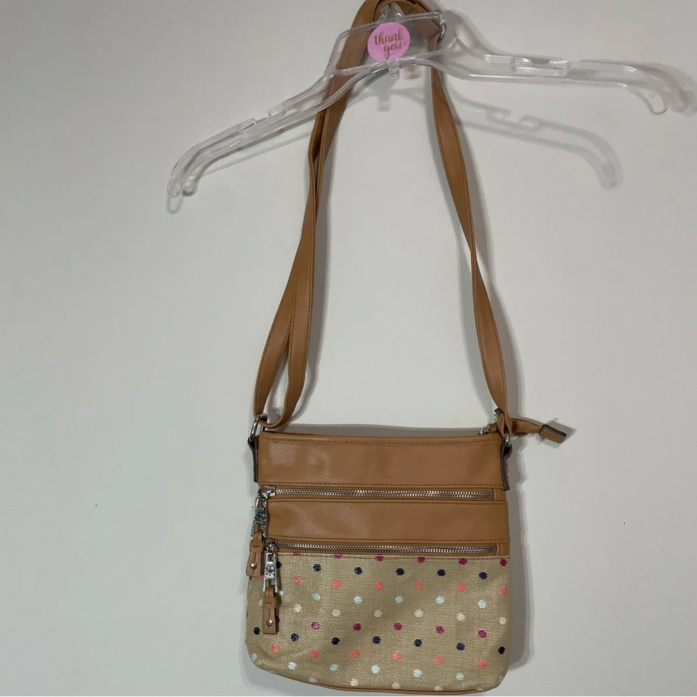 Women’s Tan and Multicolor Dots‎  Crossbody Canvas Style Bag